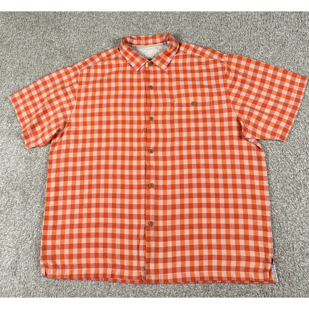 Tommy Bahama Shirt Mens XL Orange Check Hawaiian Button Up Short Sleeve Silk